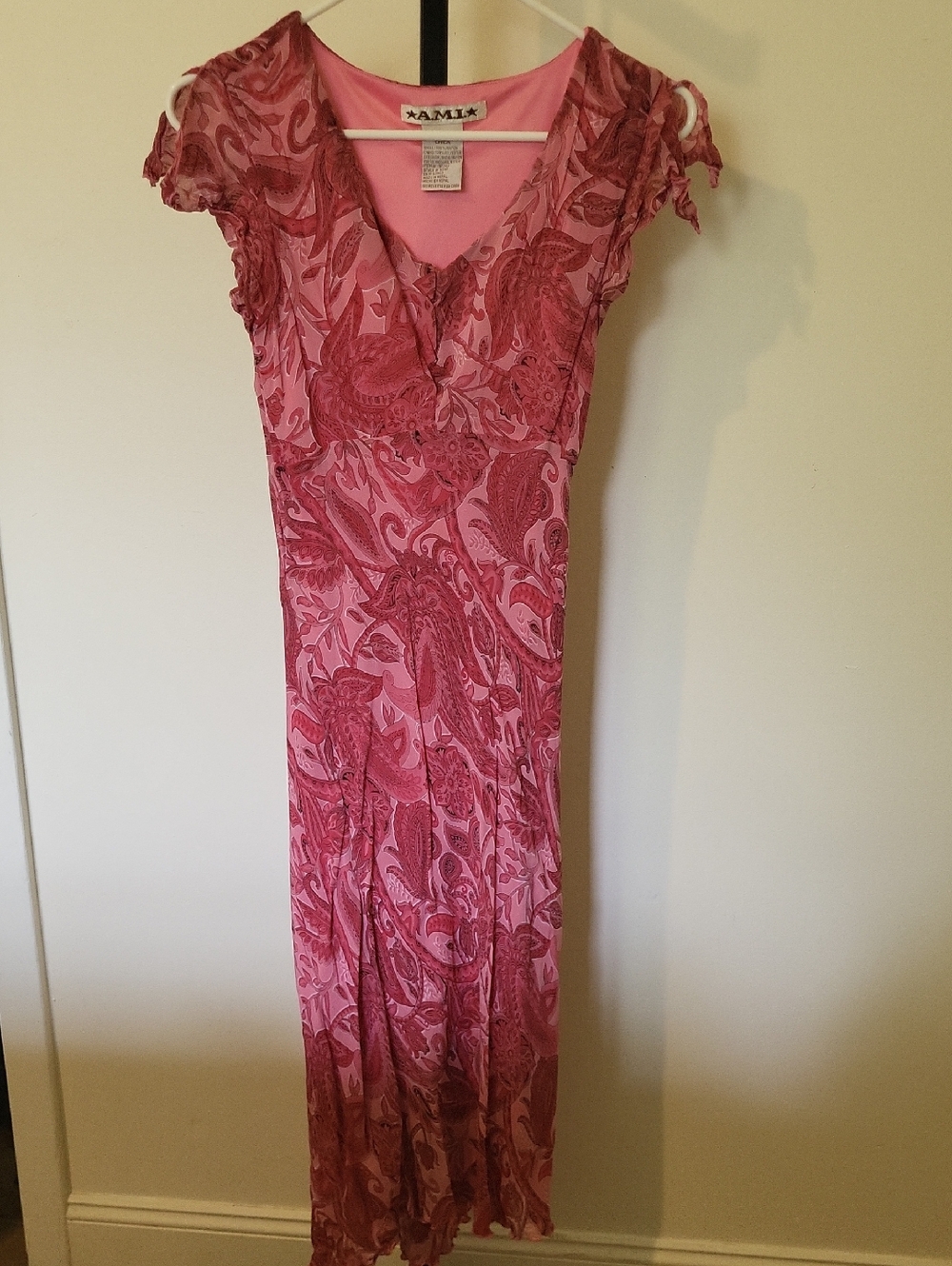 Womens Pink Paisley Rayon Maxi Dress Flutter Sleeves Whimsical Artsy